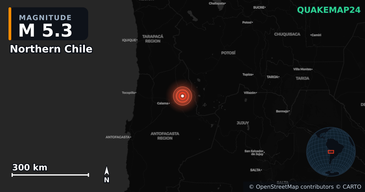 M5.3 earthquake near Northern Chile on May 27, 2026 — map of epicenter and shaking intensity | QuakeMap24