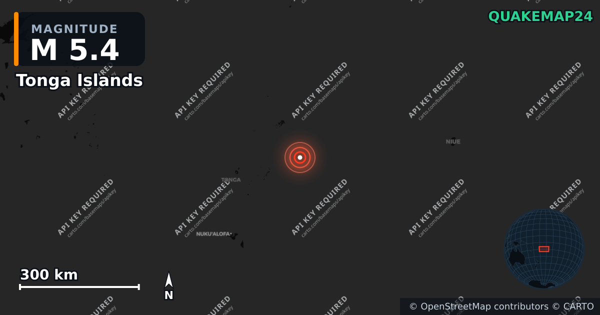 M5.4 earthquake near Tonga Islands on Aug 6, 2025 — map of epicenter and shaking intensity | QuakeMap24
