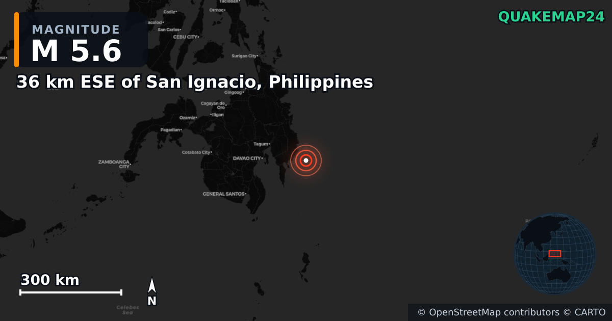 M5.6 earthquake near 36 km ESE of San Ignacio, Philippines on Oct 10, 2025 — map of epicenter and shaking intensity | QuakeMap24