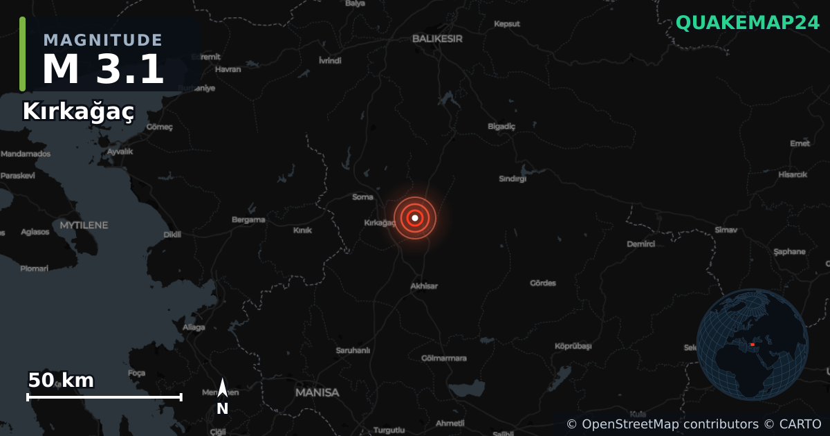 Terremoto de M3,1 cerca de Kırkağaç (Turquía) · 2025-12-27 — Mapa de la ubicación del epicentro