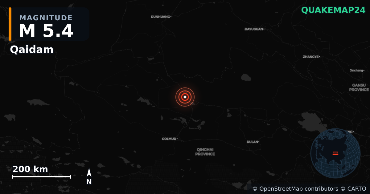 M5.4 earthquake near Qaidam on Jun 16, 2026 — map of epicenter and shaking intensity | QuakeMap24