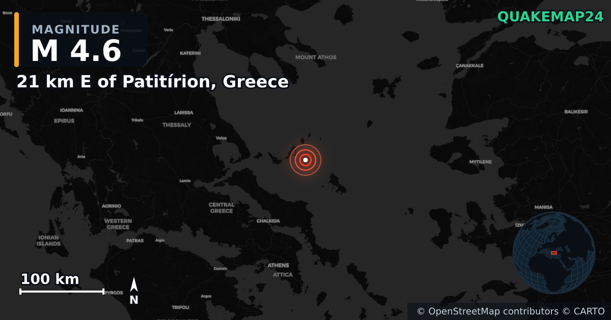 M4.6 earthquake near 21 km E of Patitírion, Greece on Feb 3, 2025 — map of epicenter and shaking intensity | QuakeMap24