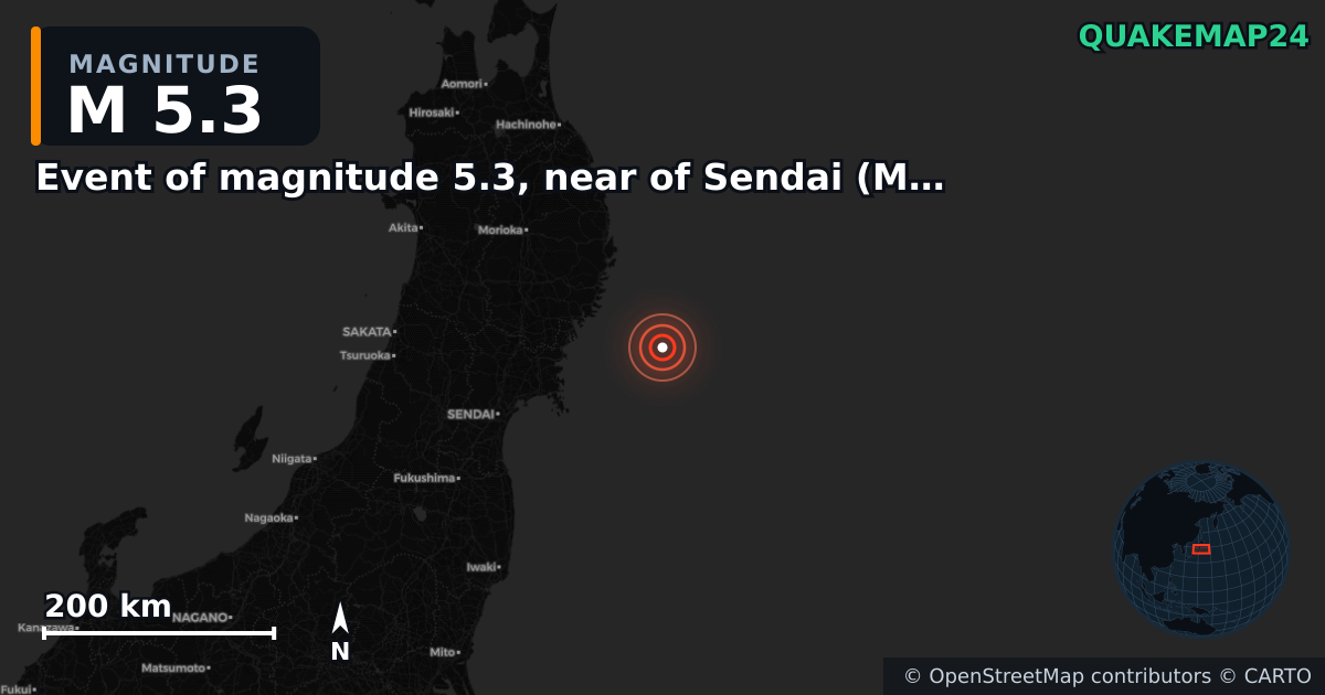 M5.3 earthquake near Event of magnitude 5.3, near of Sendai (Monde) on Mar 6, 2026 — map of epicenter and shaking intensity | QuakeMap24