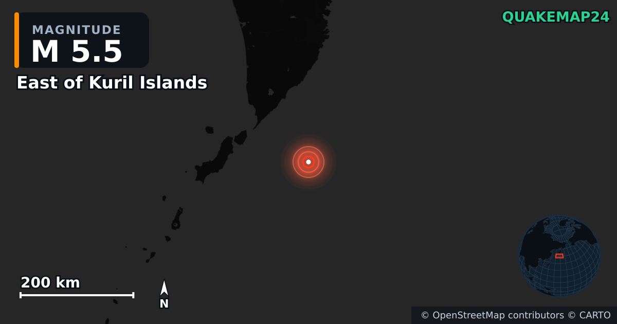 M5.5 earthquake near East of Kuril Islands on Jul 30, 2025 — map of epicenter and shaking intensity | QuakeMap24