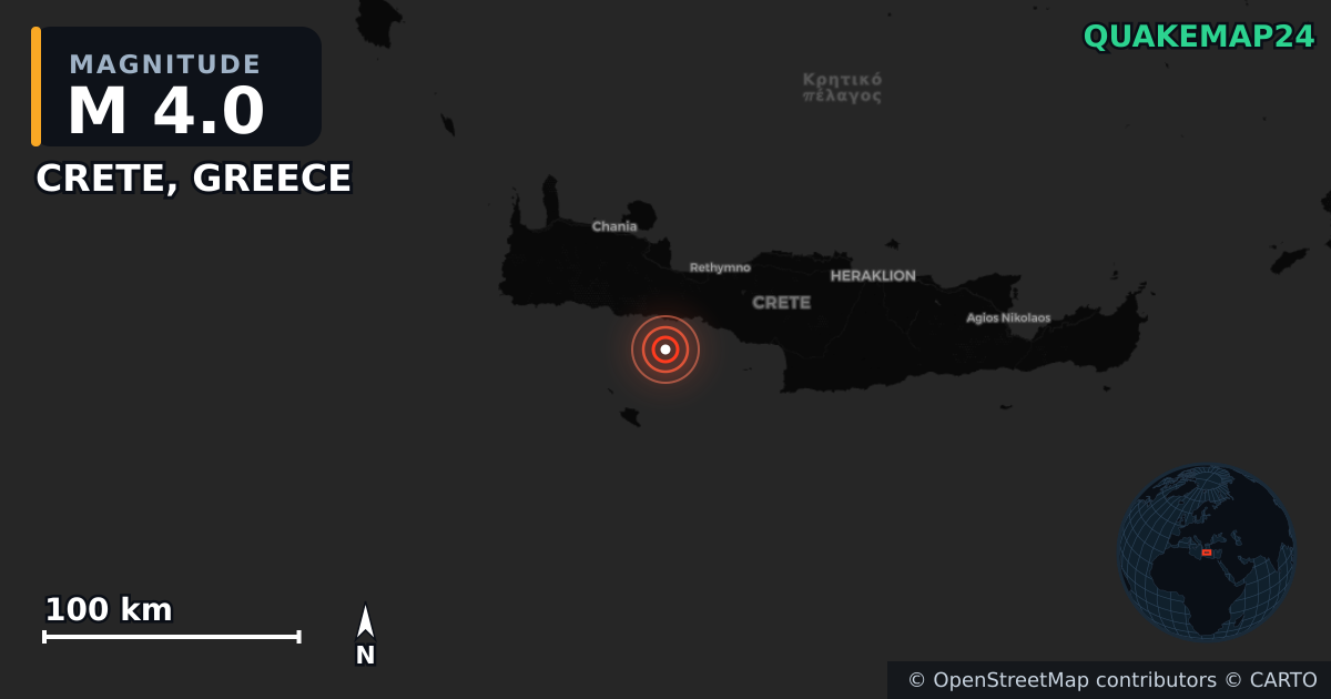 M4.0 earthquake near CRETE, GREECE on May 4, 2025 — map of epicenter and shaking intensity | QuakeMap24