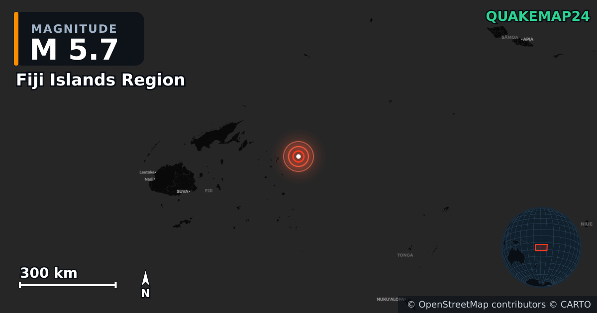 M5.7 earthquake near Fiji Islands Region on May 15, 2026 — map of epicenter and shaking intensity | QuakeMap24