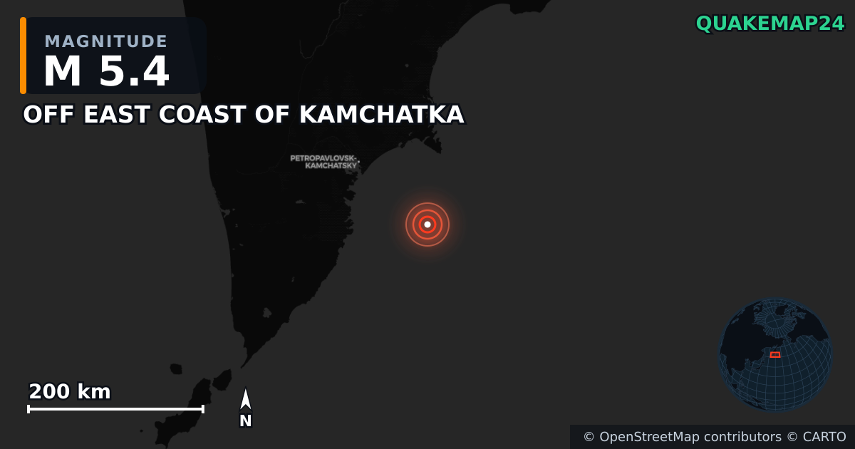 M5.4 earthquake near OFF EAST COAST OF KAMCHATKA on Jul 30, 2025 — map of epicenter and shaking intensity | QuakeMap24