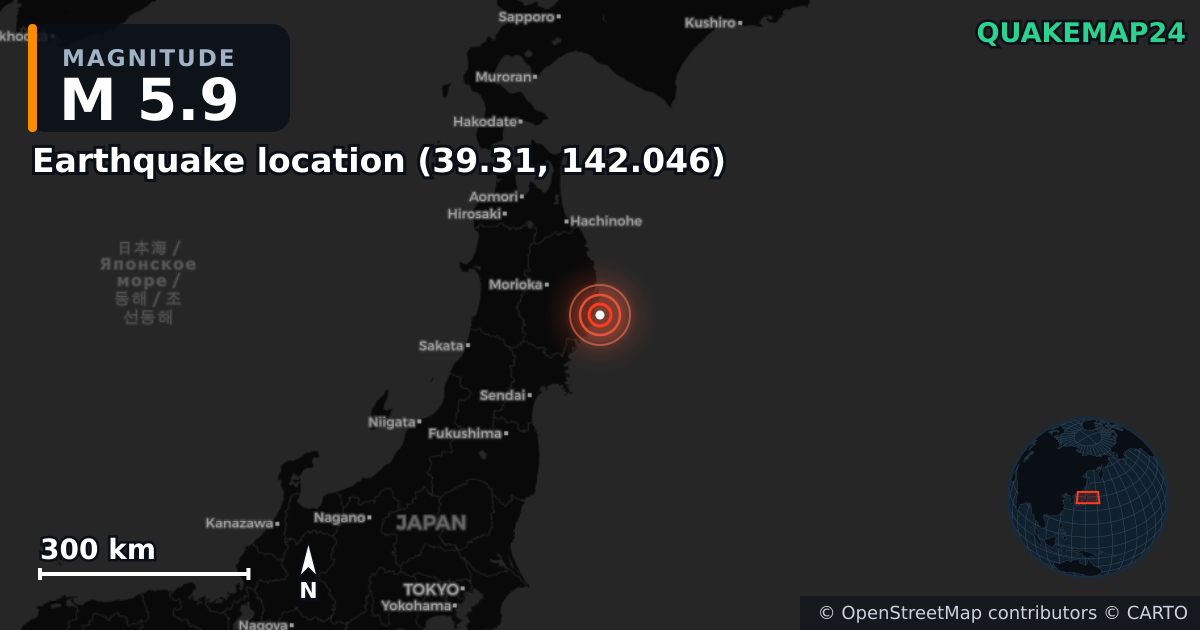 M5.9 earthquake near Deprem konumu (39.31, 142.046) on Mar 26, 2026 — map of epicenter and shaking intensity | QuakeMap24