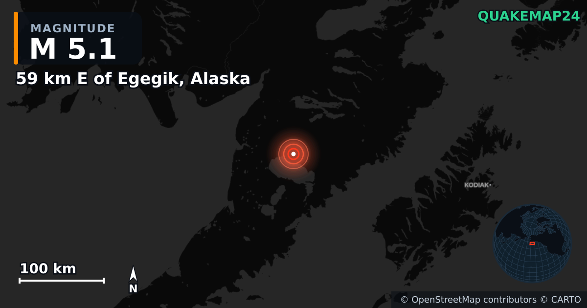 59 km E of Egegik, Alaska yakınında M5,1 deprem — Deprem merkez üssünün konumunu gösteren harita