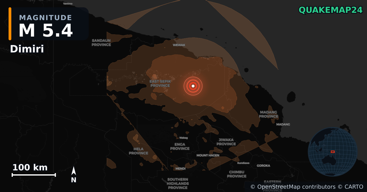 M5.4 earthquake near Dimiri on Aug 15, 2026 — map of epicenter and shaking intensity | QuakeMap24