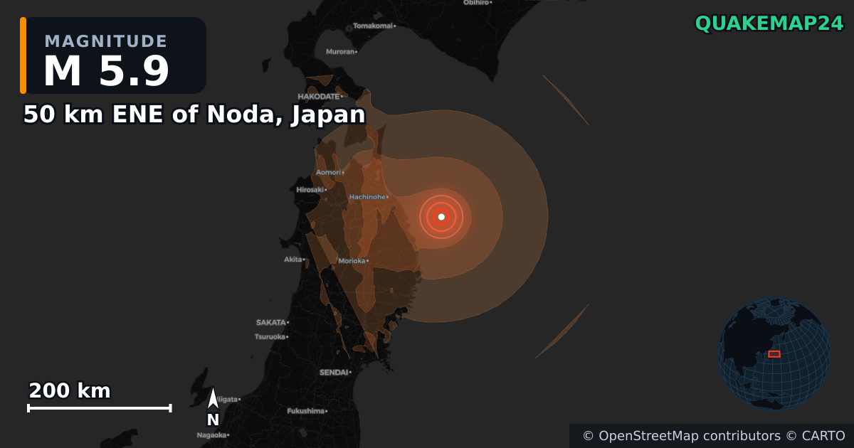 M5.9 earthquake near 50 km ENE of Noda, Japan on Jun 27, 2026 — map of epicenter and shaking intensity | QuakeMap24