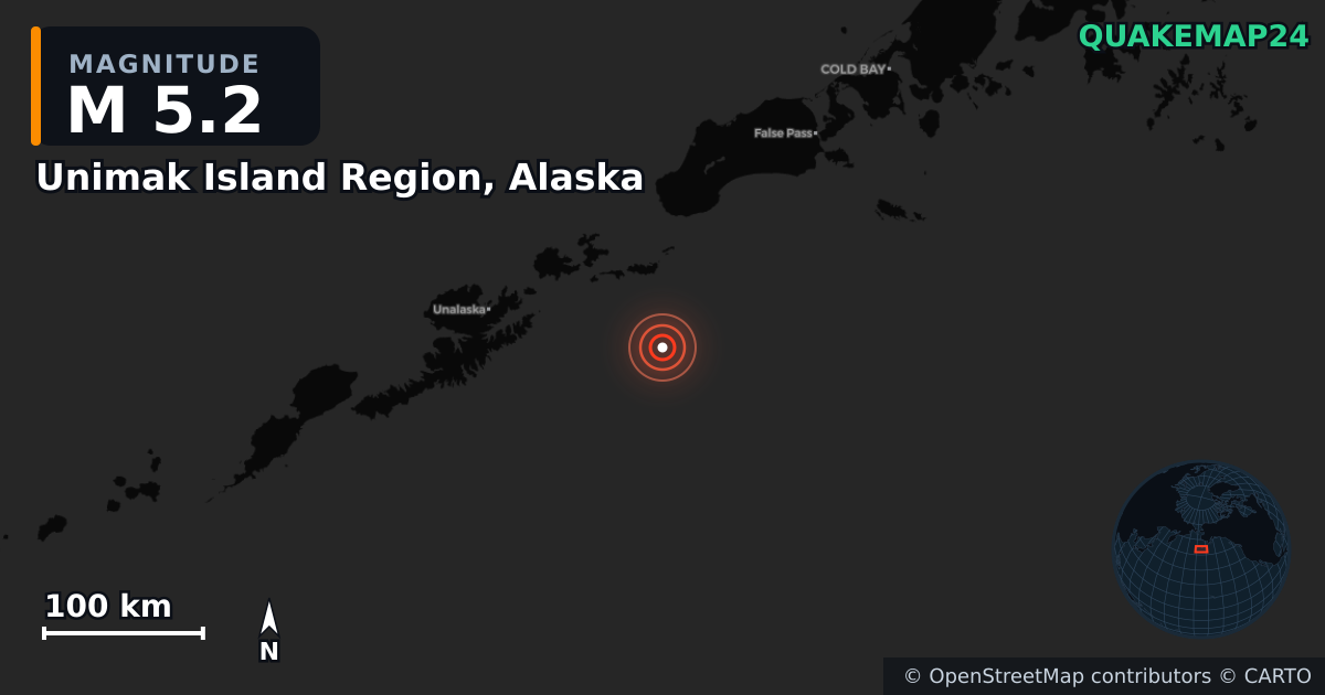 M5.2 earthquake near Unimak Island Region, Alaska on Apr 25, 2026 — map of epicenter and shaking intensity | QuakeMap24