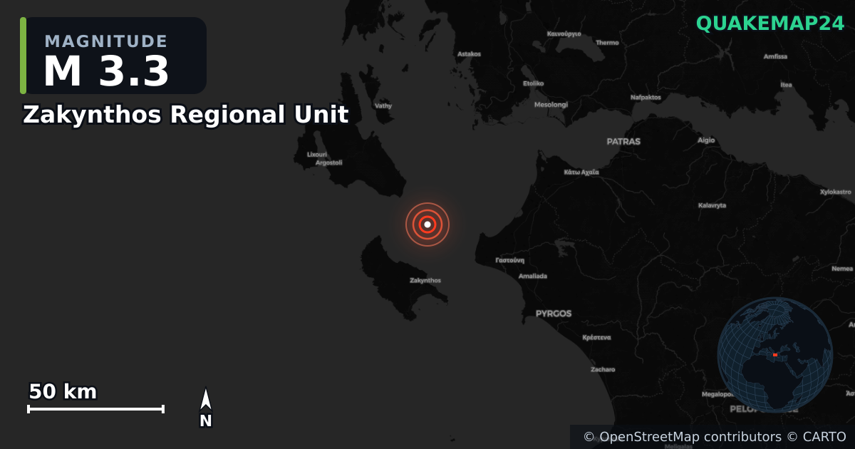 Σεισμός M3,3 κοντά στο Zakynthos Regional Unit, Ioanian Islands (Ελλάδα) · 2026-09-27 — Χάρτης της θέσης του επικέντρου