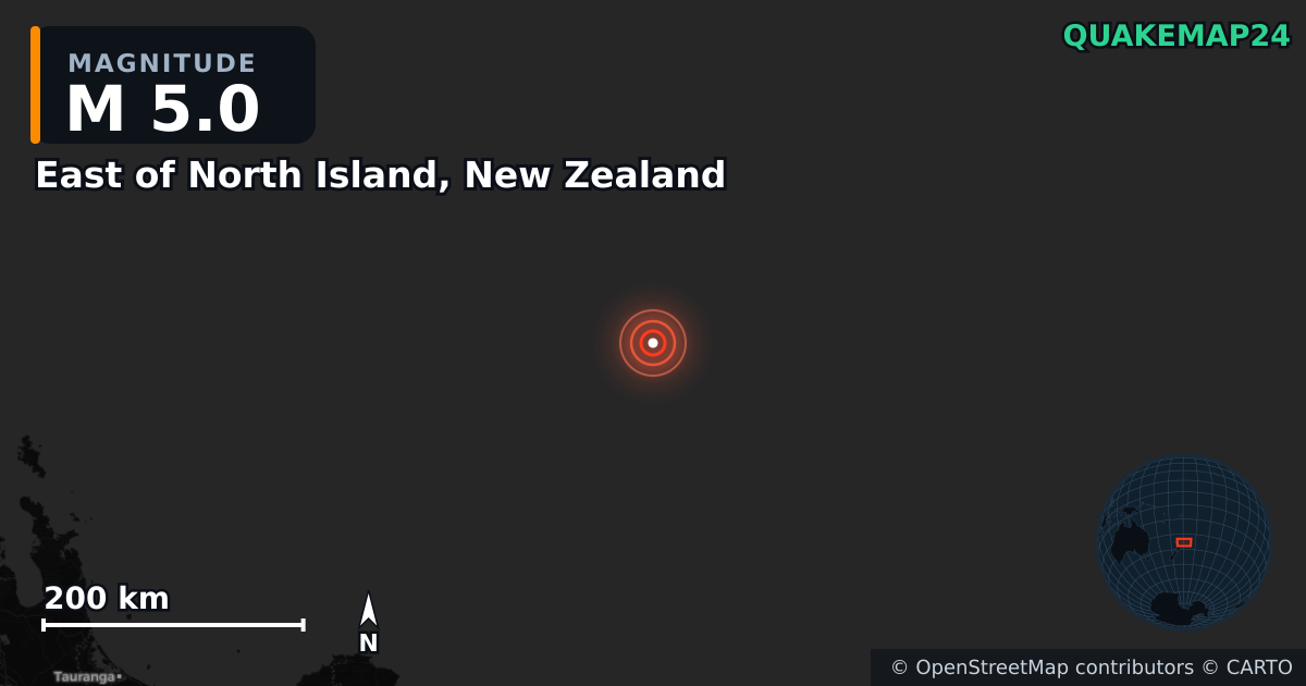 M5.0 earthquake near East of North Island, New Zealand on Oct 13, 2025 — map of epicenter and shaking intensity | QuakeMap24