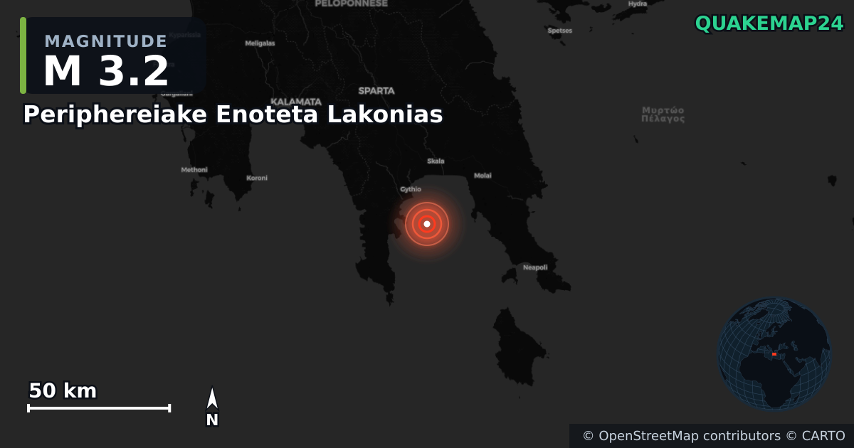 M3.2 earthquake near Periphereiake Enoteta Lakonias on Jun 12, 2026 — map of epicenter and shaking intensity | QuakeMap24