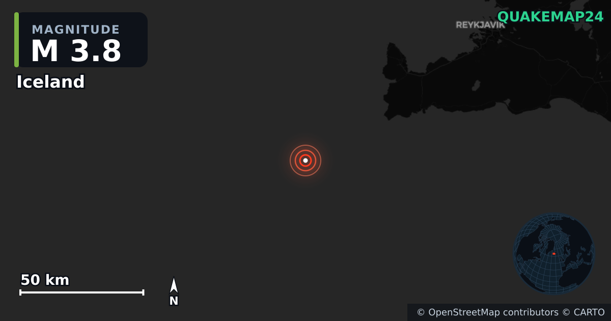 M3.8 earthquake near Iceland on Aug 25, 2026 — map of epicenter and shaking intensity | QuakeMap24