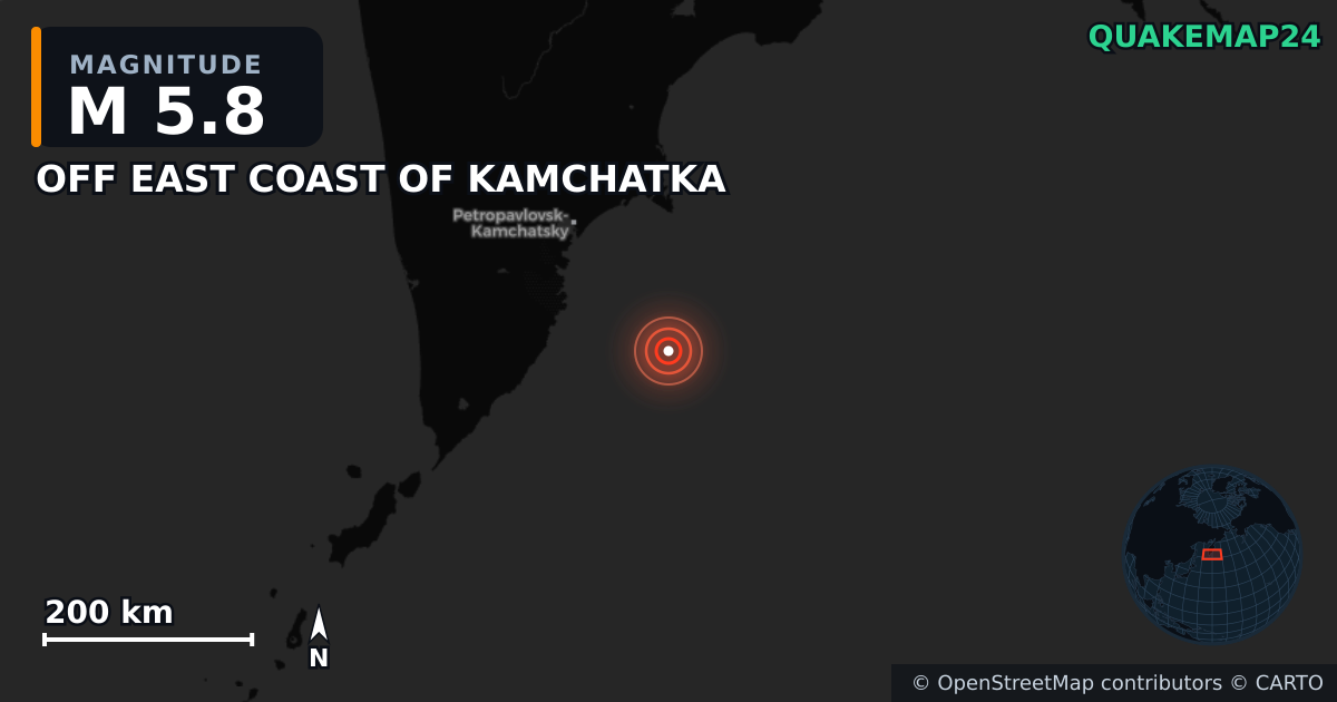 OFF EAST COAST OF KAMCHATKA yakınında M5,8 deprem — Deprem merkez üssünün konumunu gösteren harita