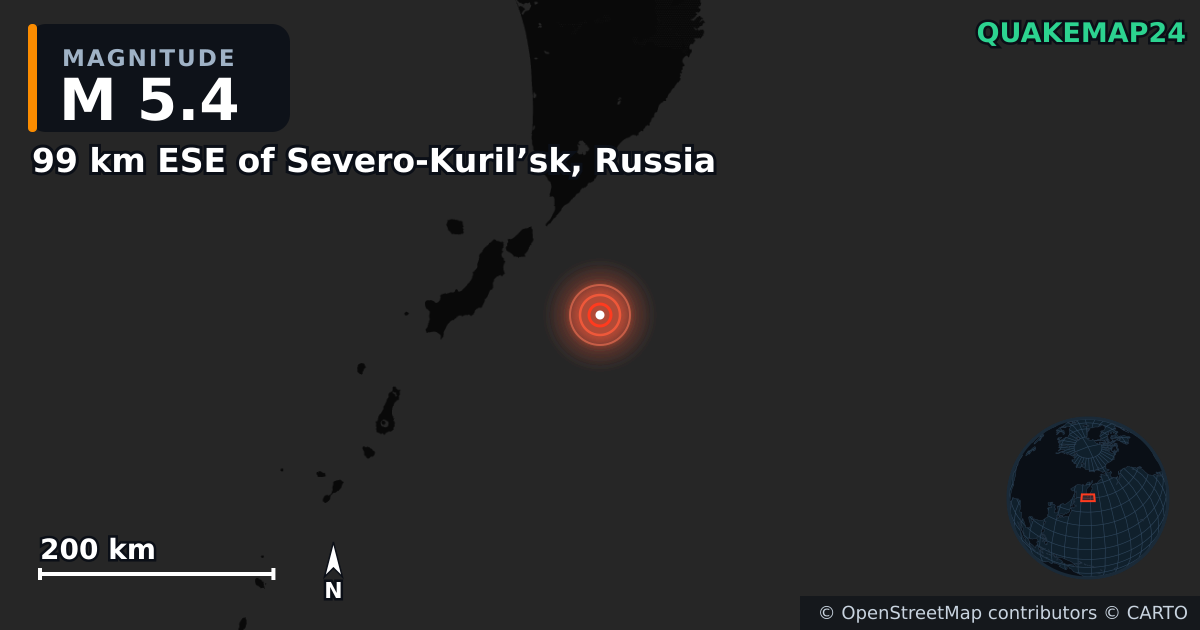 M5.4 earthquake near 99 km ESE of Severo-Kuril’sk, Russia on Aug 2, 2025 — map of epicenter and shaking intensity | QuakeMap24