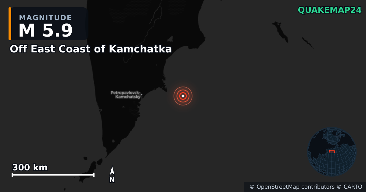 M5.9 earthquake near Off East Coast of Kamchatka on Sep 18, 2025 — map of epicenter and shaking intensity | QuakeMap24