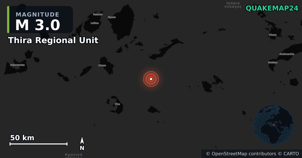 M3.0 earthquake near Thira Regional Unit on Aug 20, 2026 — map of epicenter and shaking intensity | QuakeMap24