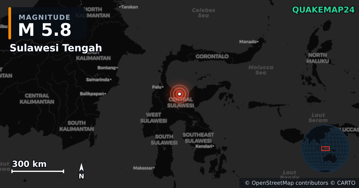 M5.8 earthquake near Sulawesi Tengah on Aug 16, 2025 — map of epicenter and shaking intensity | QuakeMap24