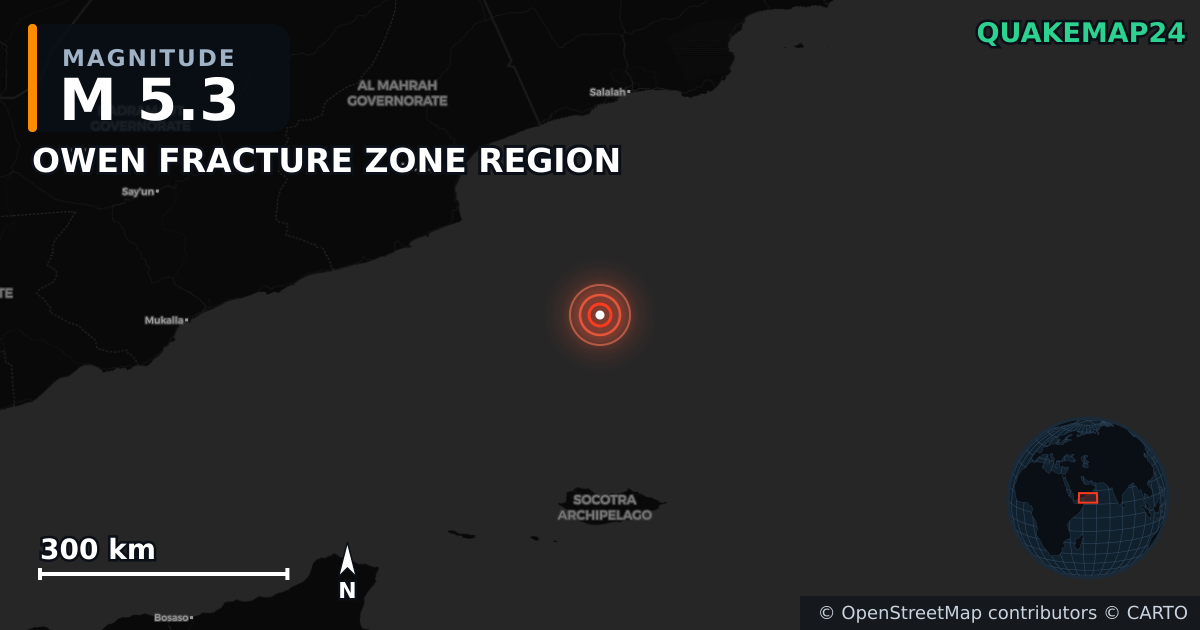 OWEN FRACTURE ZONE REGION yakınında M5,3 deprem · 2025-07-23 — Deprem merkez üssünün konumunu gösteren harita