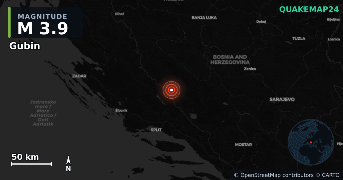 M3.9 earthquake near Gubin on May 25, 2026 — map of epicenter and shaking intensity | QuakeMap24