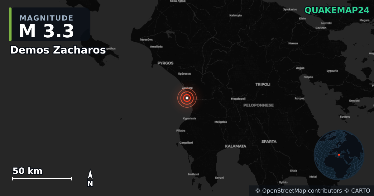 M3.3 earthquake near Demos Zacharos on Nov 15, 2025 — map of epicenter and shaking intensity | QuakeMap24