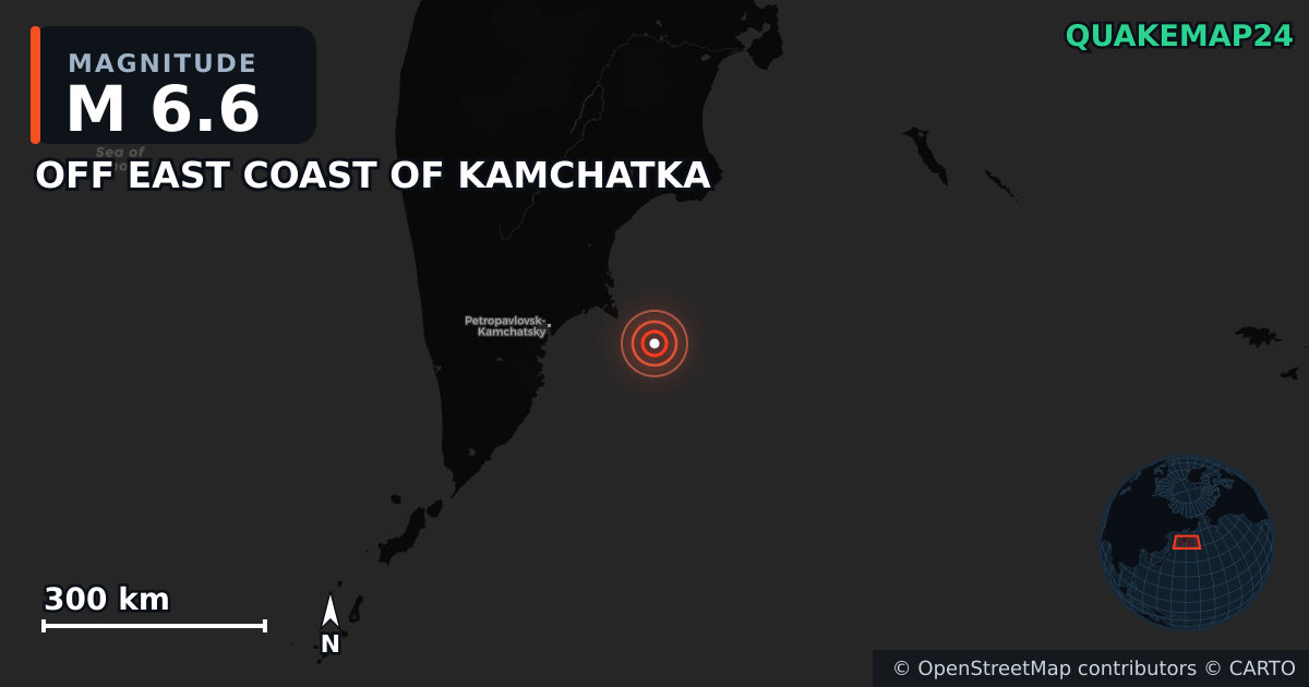 M6.6 earthquake near OFF EAST COAST OF KAMCHATKA on Jul 20, 2025 — map of epicenter and shaking intensity | QuakeMap24