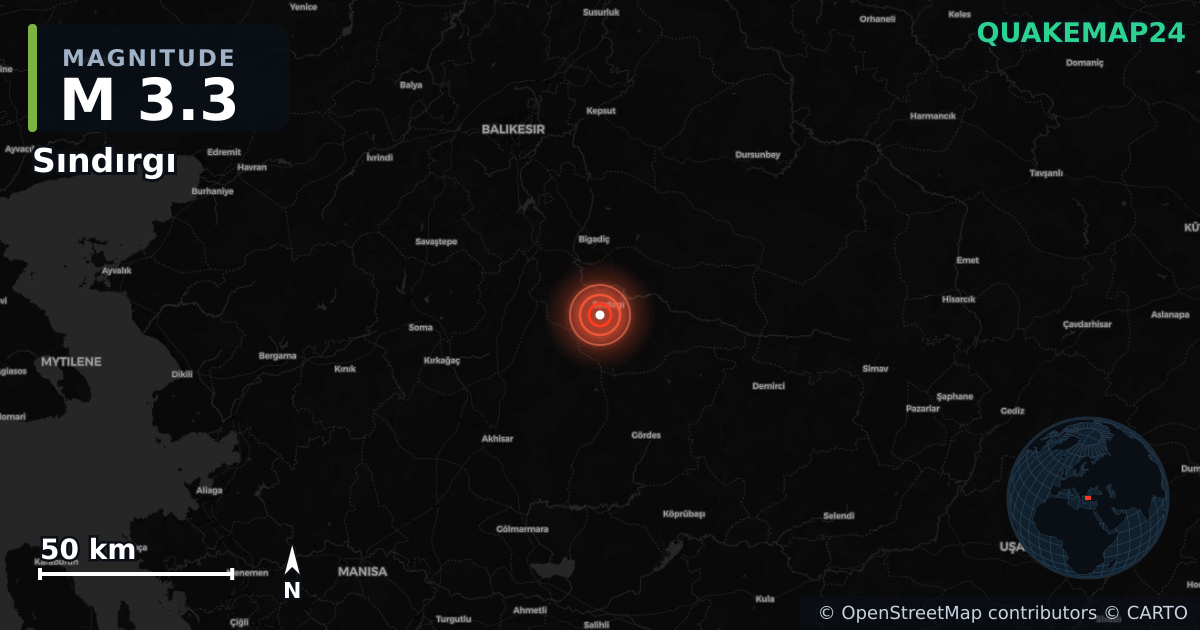 M3.3 earthquake near Sındırgı on Sep 17, 2025 — map of epicenter and shaking intensity | QuakeMap24