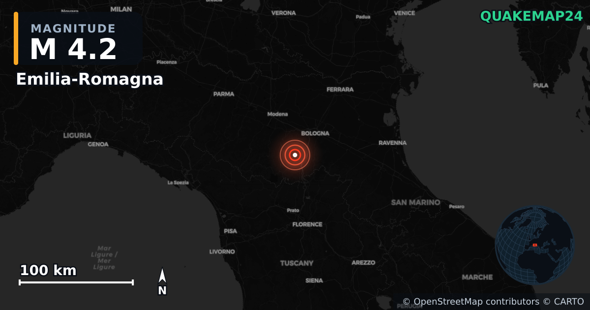 M4.2 earthquake near Emilia-Romagna on May 3, 2025 — map of epicenter and shaking intensity | QuakeMap24