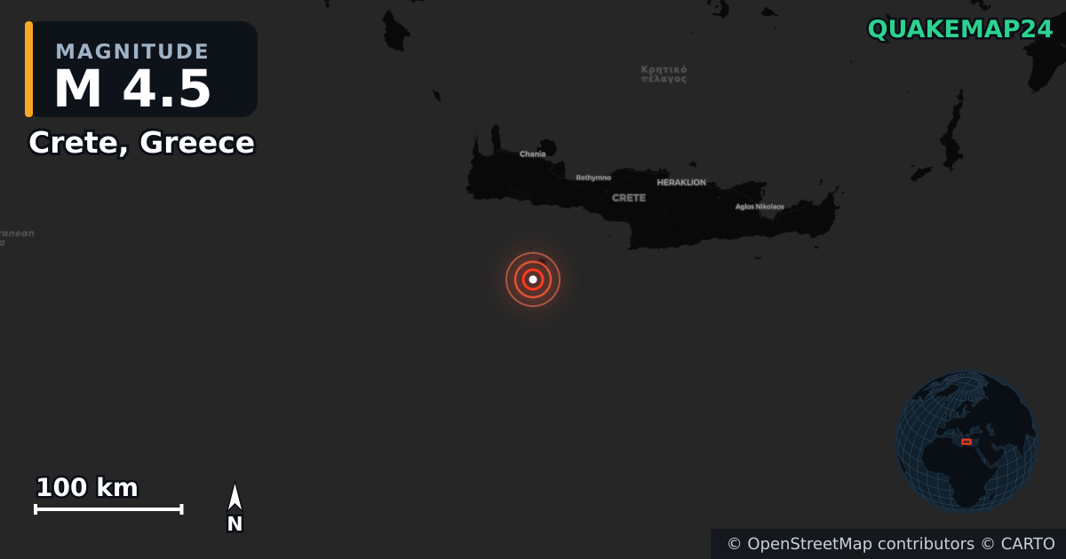 M4.5 earthquake near Crete, Greece on Jun 17, 2025 — map of epicenter and shaking intensity | QuakeMap24