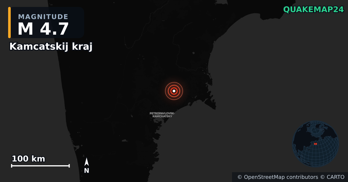 M4.7 earthquake near Kamcatskij kraj on Jul 20, 2025 — map of epicenter and shaking intensity | QuakeMap24