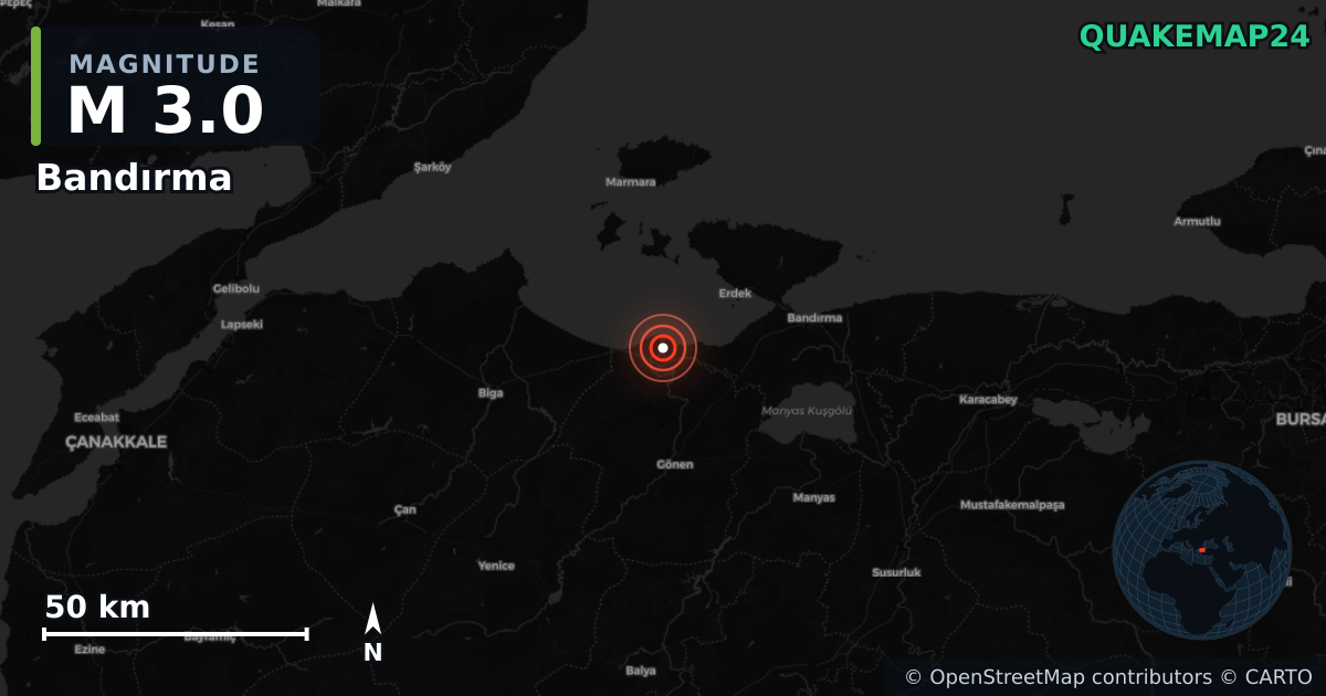 M3.0 earthquake near Bandırma on Apr 14, 2026 — map of epicenter and shaking intensity | QuakeMap24