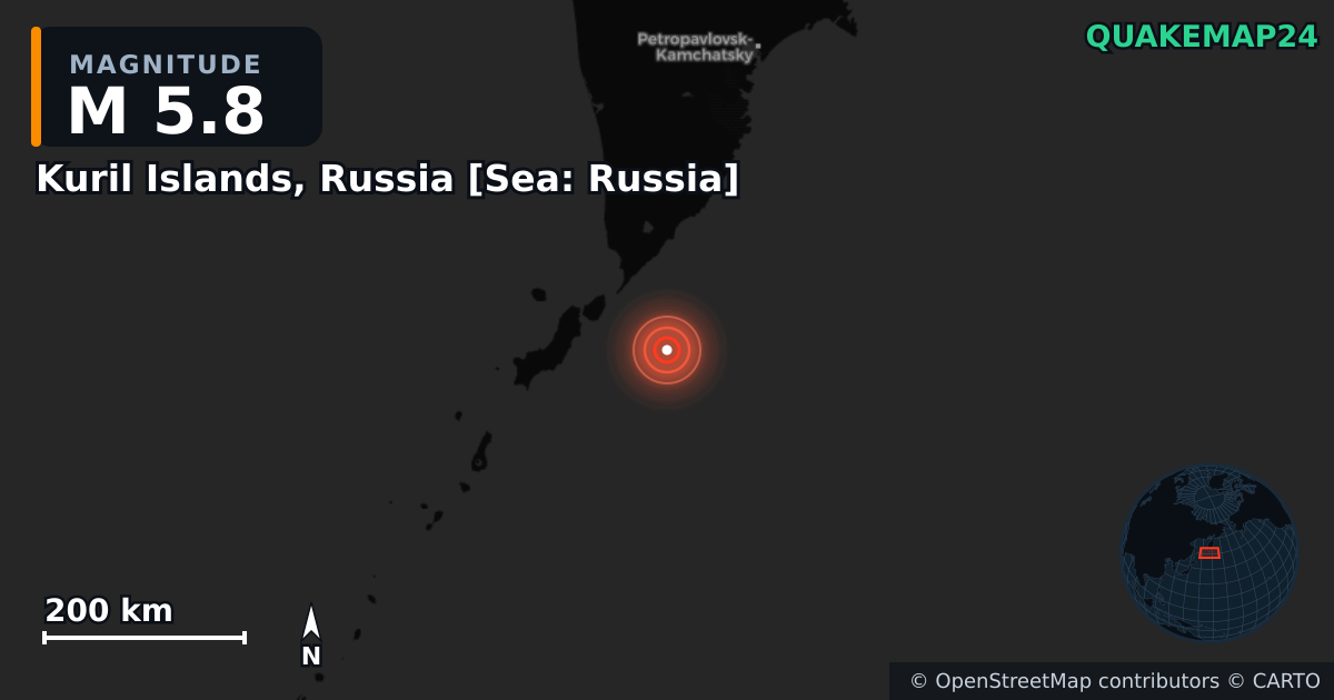 M5.8 earthquake near Kuril Islands, Russia [Sea: Russia] on Oct 28, 2025 — map of epicenter and shaking intensity | QuakeMap24