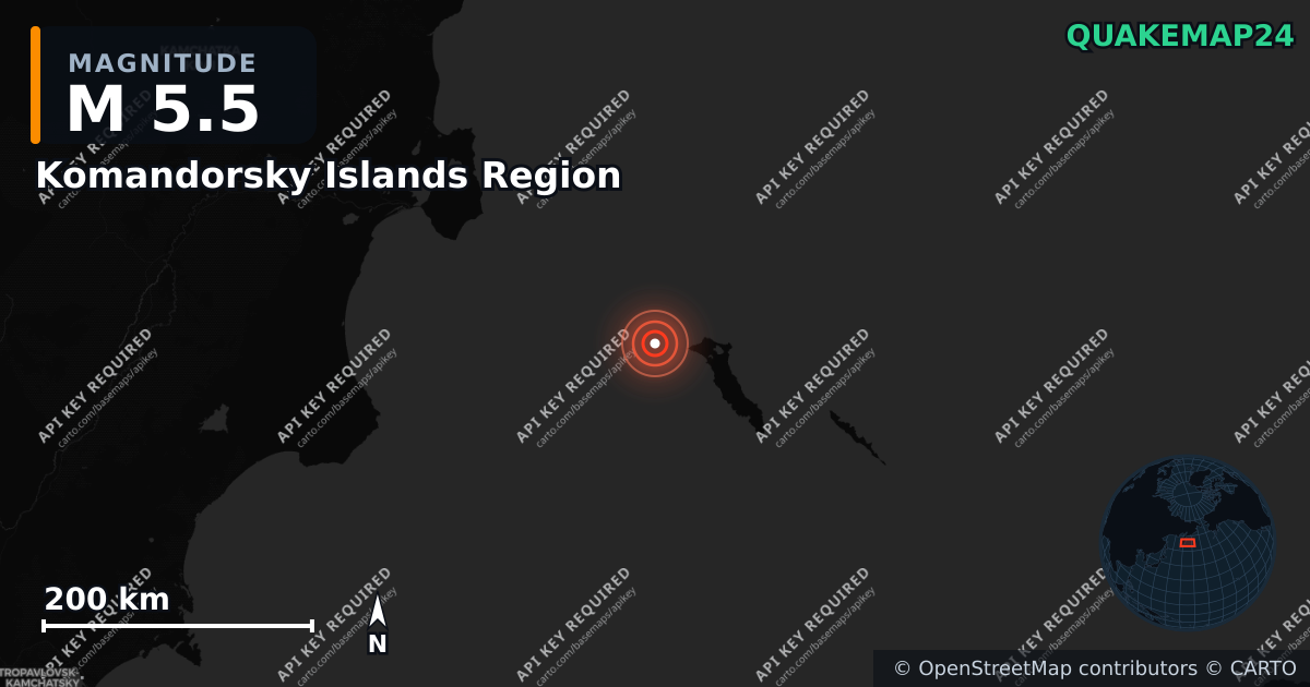 M5.5 earthquake near Komandorsky Islands Region on Jun 11, 2026 — map of epicenter and shaking intensity | QuakeMap24