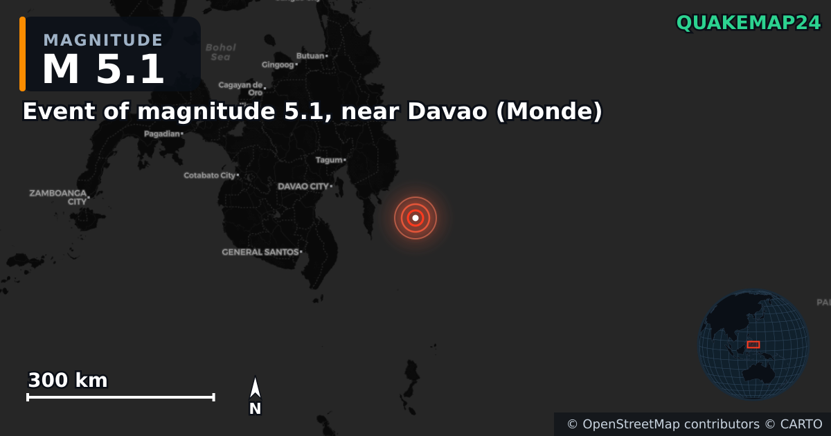 M5.1 Earthquake near Event of magnitude 5.1, near Davao (Monde) · 2026-06-18 — Map showing the location of the epicenter