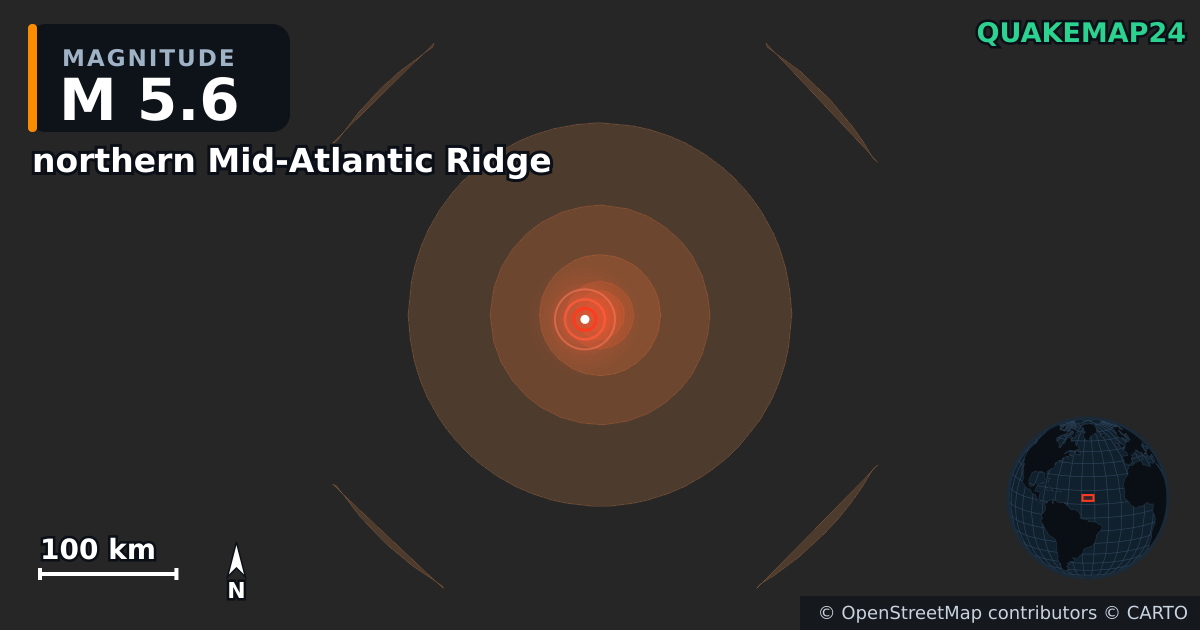 Erdbeben M5,6 bei northern Mid-Atlantic Ridge — Karte der Lage des Epizentrums