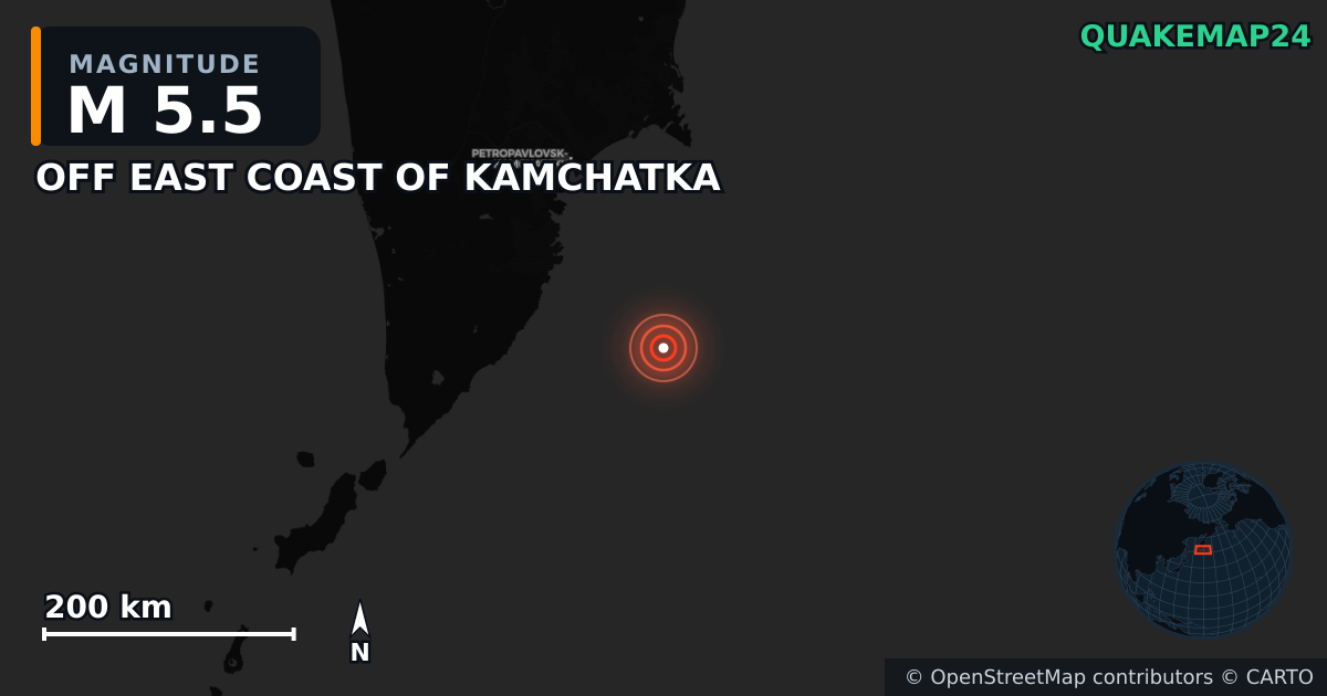 M5.5 earthquake near OFF EAST COAST OF KAMCHATKA on Jul 31, 2025 — map of epicenter and shaking intensity | QuakeMap24