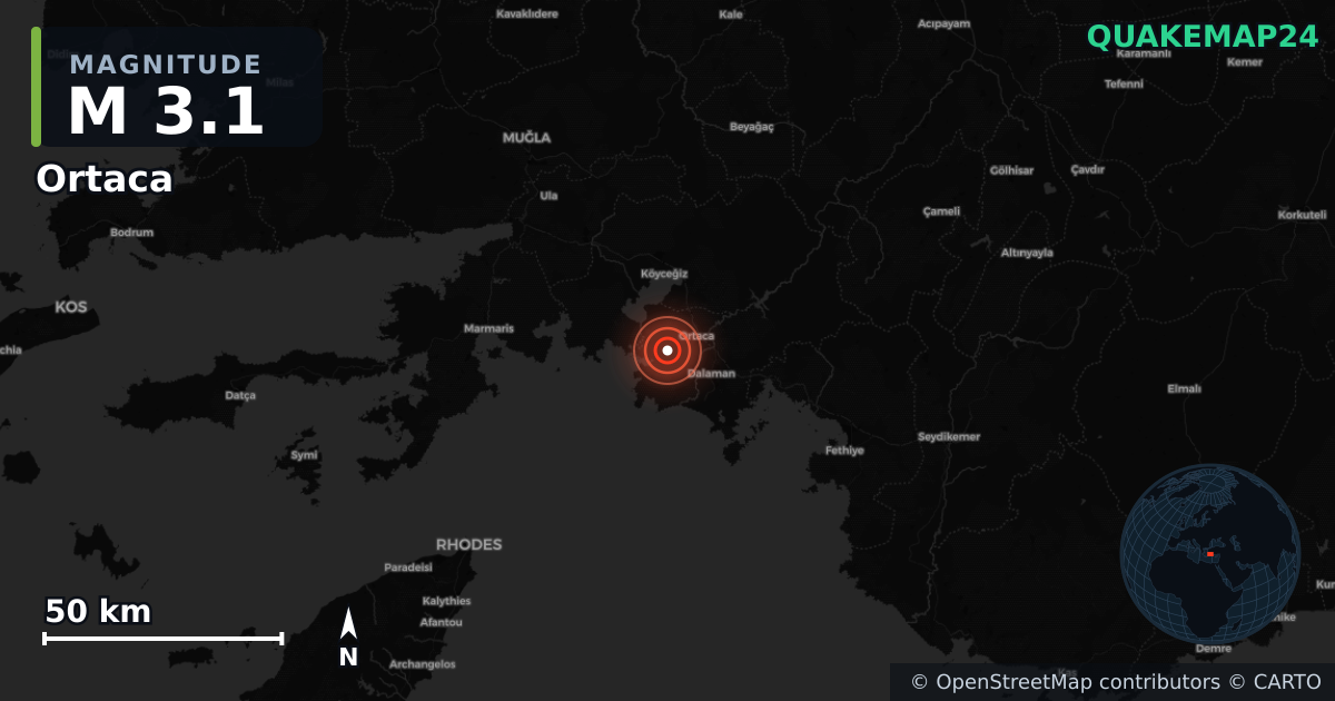 M3.1 earthquake near Ortaca on Oct 16, 2025 — map of epicenter and shaking intensity | QuakeMap24