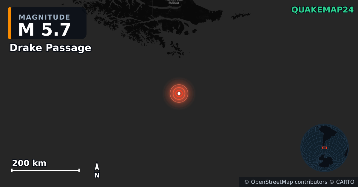 Drake Passage yakınında M5,7 deprem — Deprem merkez üssünün konumunu gösteren harita