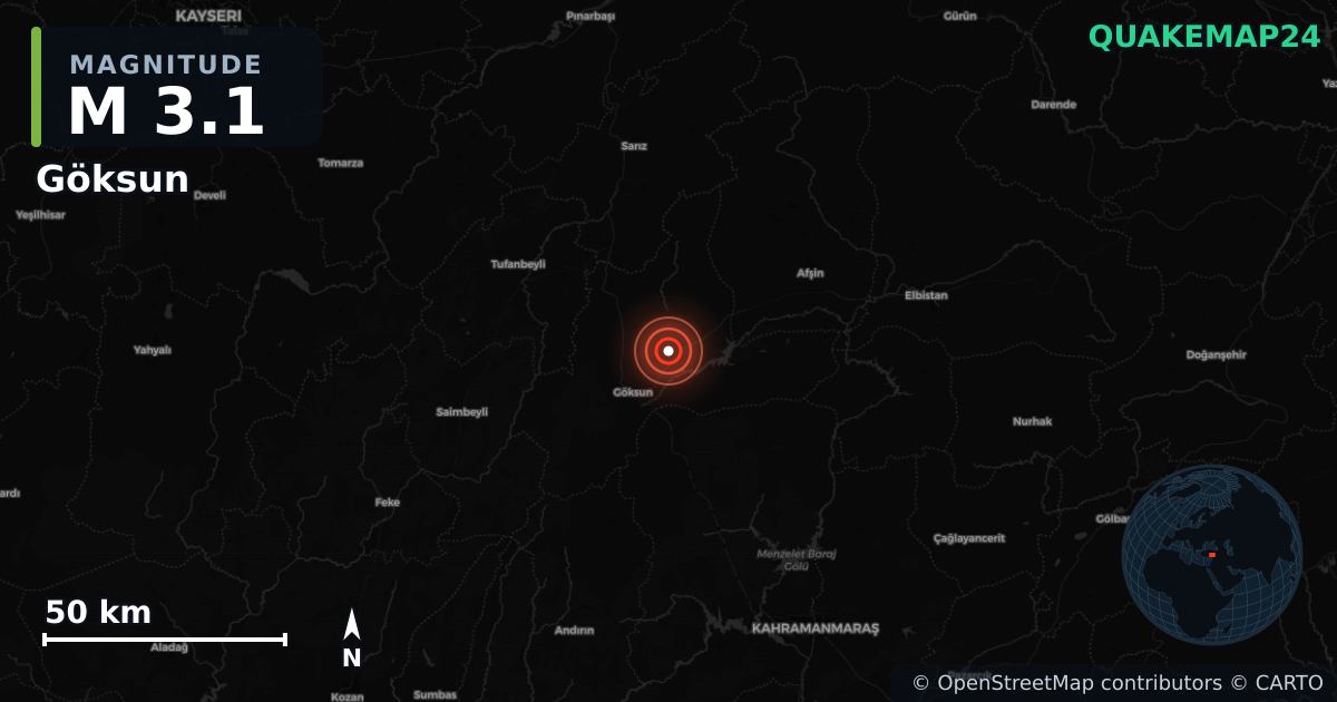 Erdbeben M3,1 bei Göksun, Kahramanmaraş (Türkei) · 2026-09-08 — Karte der Lage des Epizentrums