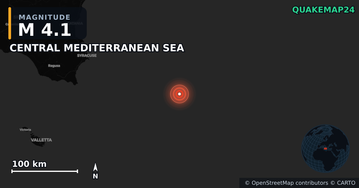 M4.1 earthquake near CENTRAL MEDITERRANEAN SEA on Dec 15, 2025 — map of epicenter and shaking intensity | QuakeMap24
