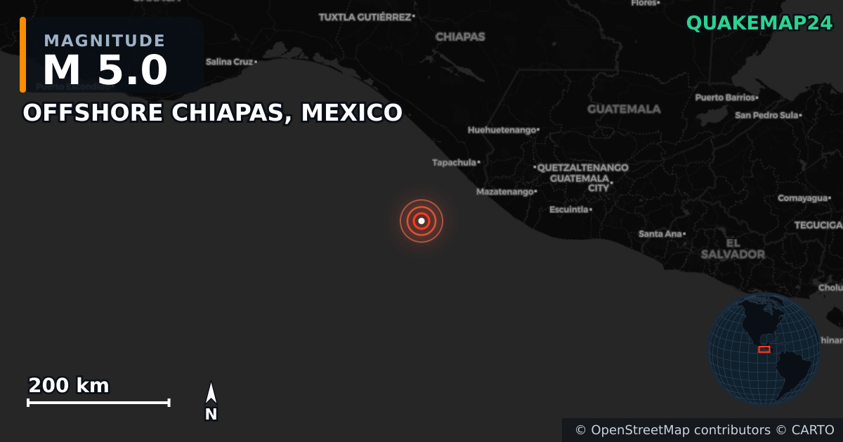 M5.0 earthquake near OFFSHORE CHIAPAS, MEXICO on Jul 17, 2026 — map of epicenter and shaking intensity | QuakeMap24