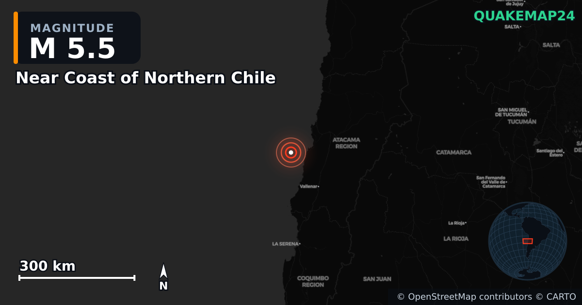 Sismo de M5,5 perto de Near Coast of Northern Chile — Mapa da localização do epicentro
