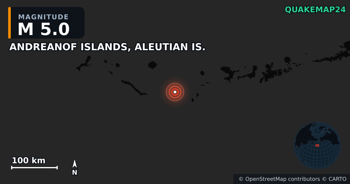 Erdbeben M5,0 bei ANDREANOF ISLANDS, ALEUTIAN IS. — Karte der Lage des Epizentrums