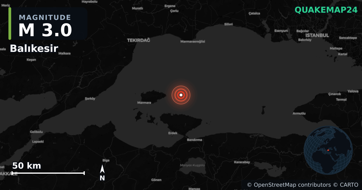 M3.0 earthquake near Balıkesir on Dec 2, 2025 — map of epicenter and shaking intensity | QuakeMap24