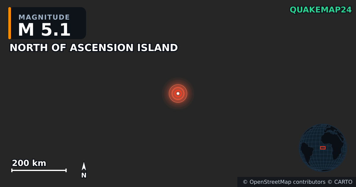 M5.1 earthquake near NORTH OF ASCENSION ISLAND on Jul 22, 2025 — map of epicenter and shaking intensity | QuakeMap24