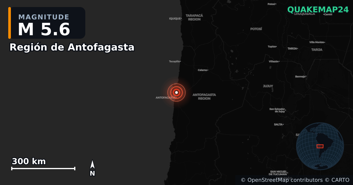M5.6 earthquake near Región de Antofagasta on Nov 10, 2025 — map of epicenter and shaking intensity | QuakeMap24