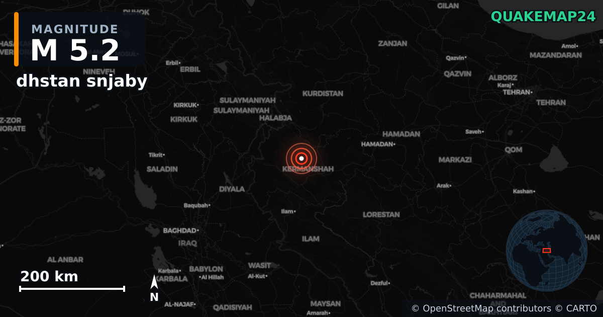 M5.2 earthquake near dhstan snjaby on Jul 20, 2026 — map of epicenter and shaking intensity | QuakeMap24